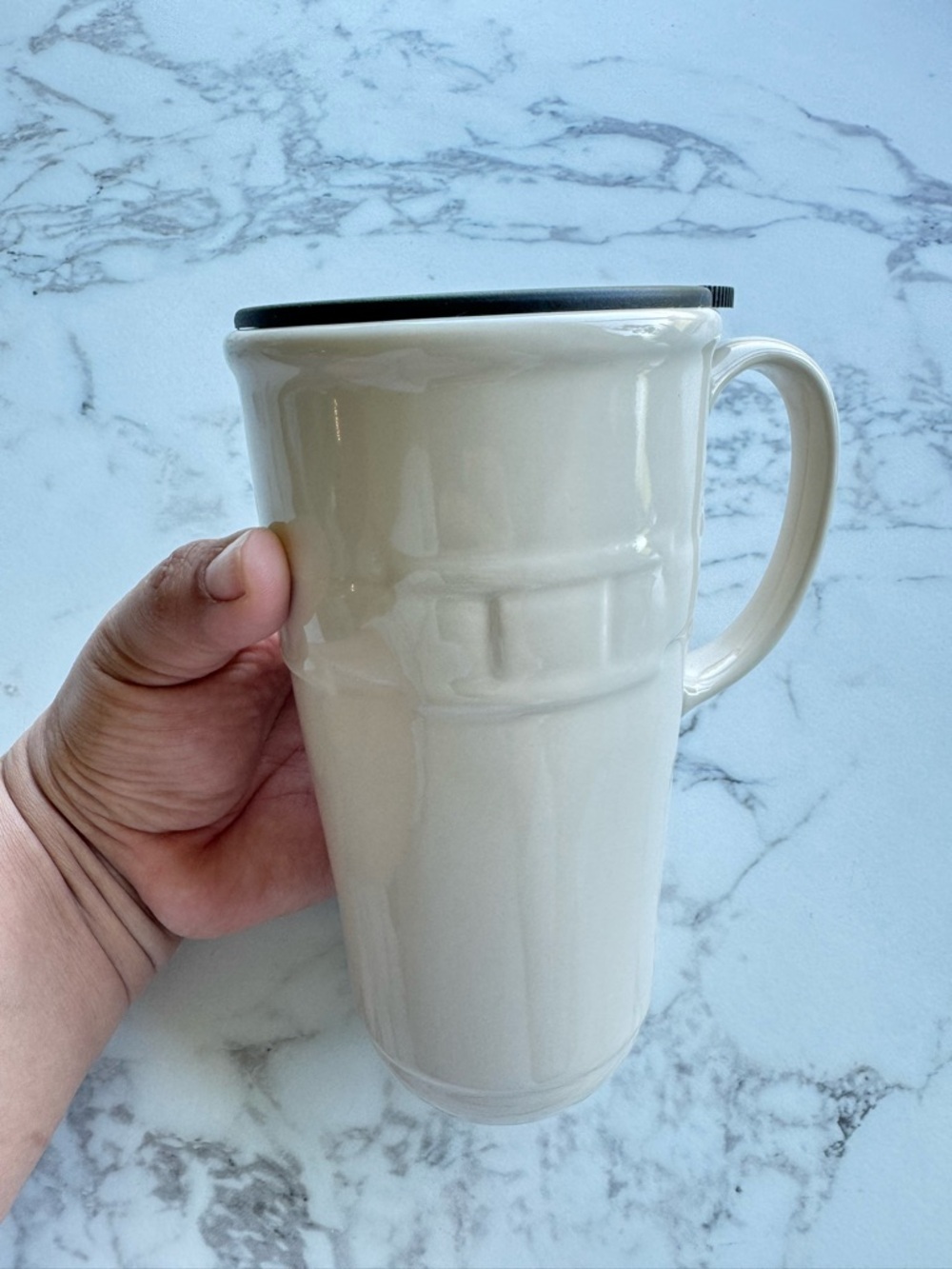 Longaberger Cream Ceramic Mug with Black Lid